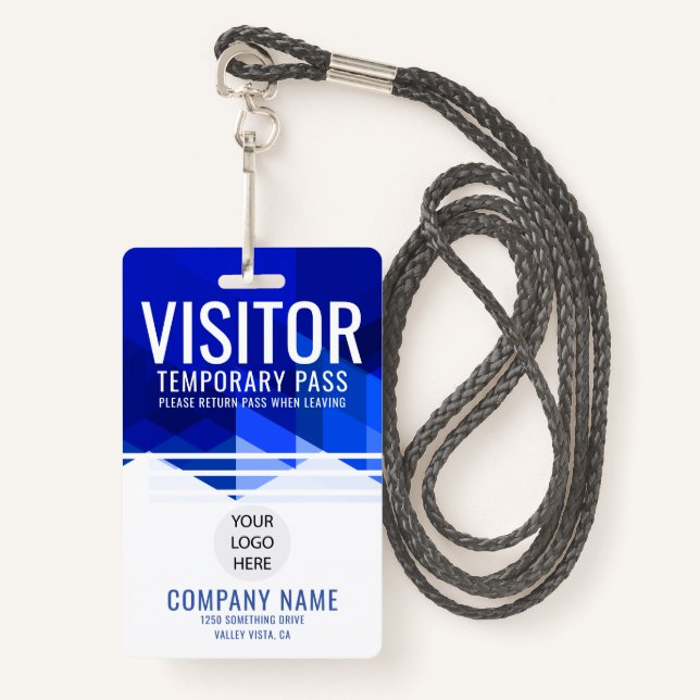 Blue Company Logo Visitor Pass ID Badge (Front with Lanyard)