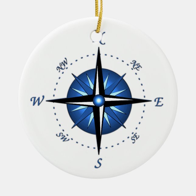 Blue Compass Rose Ceramic Ornament (Front)