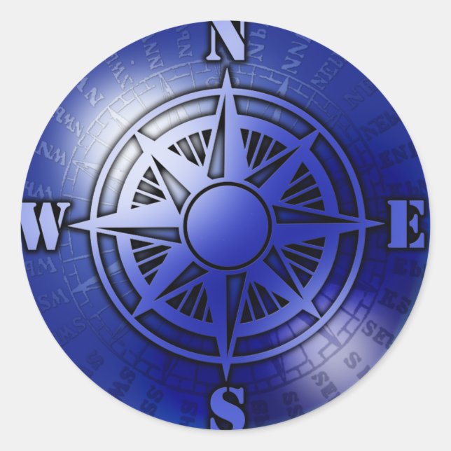 Blue compass rose classic round sticker (Front)
