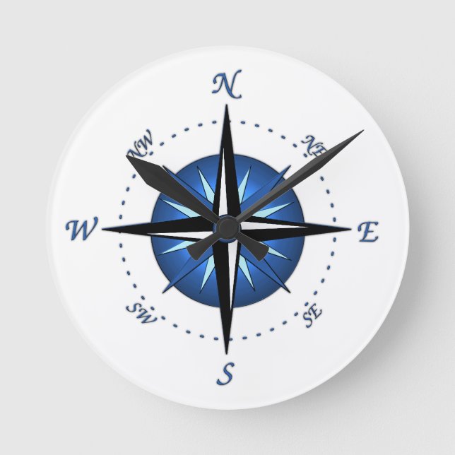 Blue Compass Rose Round Clock (Front)
