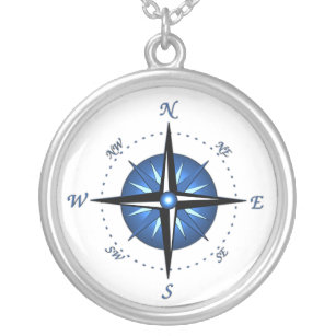 Blue Compass Rose Silver Plated Necklace