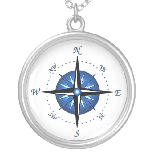 Blue Compass Rose Silver Plated Necklace