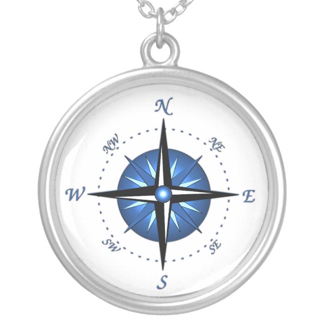 Blue Compass Rose Silver Plated Necklace (Front)