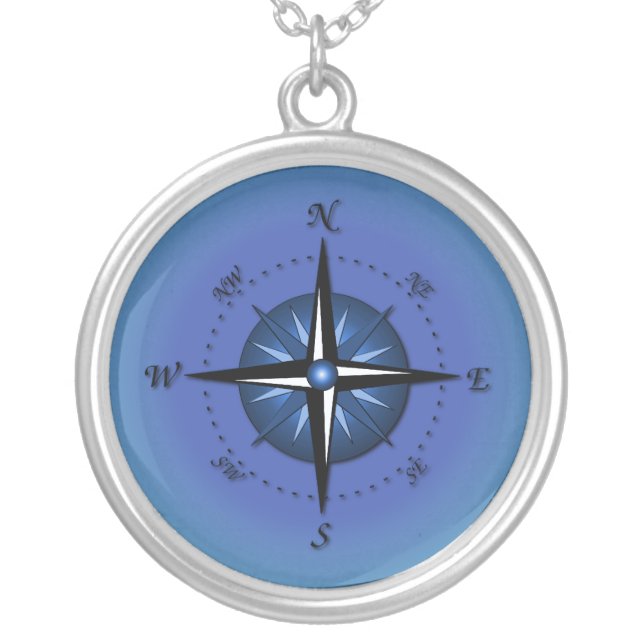 Blue Compass Rose Silver Plated Necklace (Front)