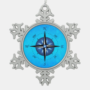 Blue Compass Rose Snowflake Pewter Christmas Ornament