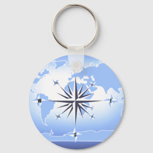 Blue Compass Rose World Map Keychain 2