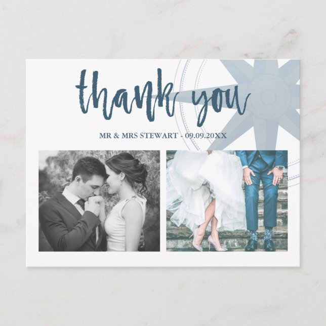Blue Compass Wedding Photo Thank You Postcard (Front)