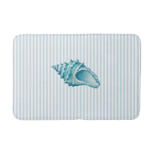Blue Conch Shell Stripe Seashell Coastal Bath Mat