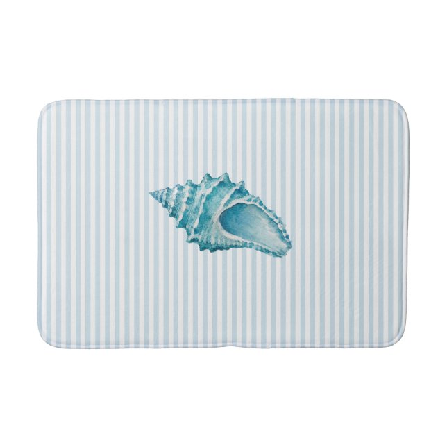 Blue Conch Shell Stripe Seashell Coastal  Bath Mat (Front)
