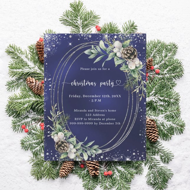 Blue cone pine glitter Christmas Party invitation (Creator Uploaded)