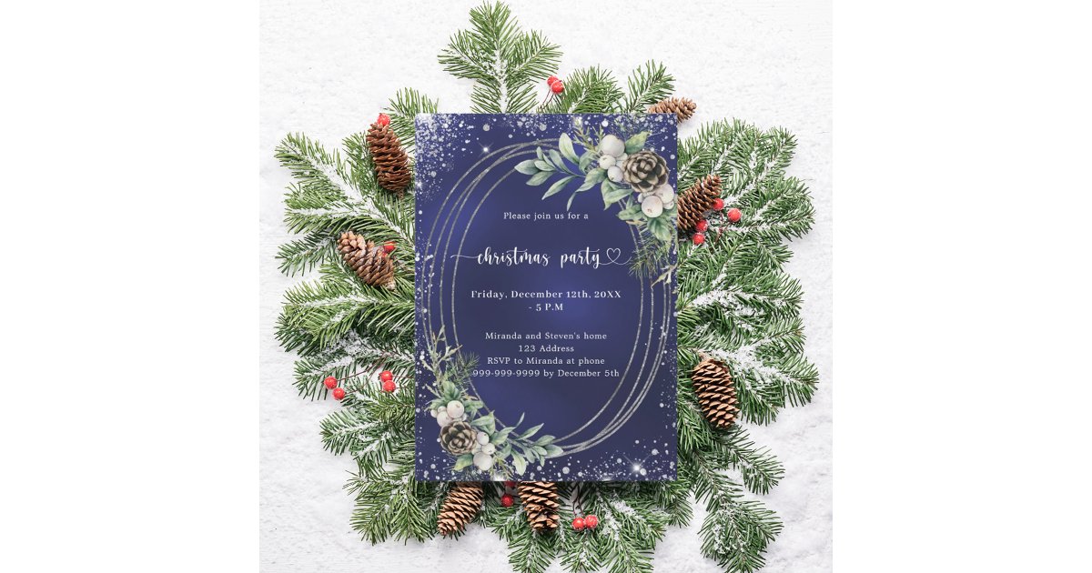 Blue cone pine greenery glitter Christmas Party Invitation | Zazzle