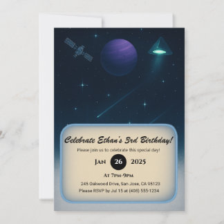 Blue Cone UFO & Planet Space Birthday  Invitation