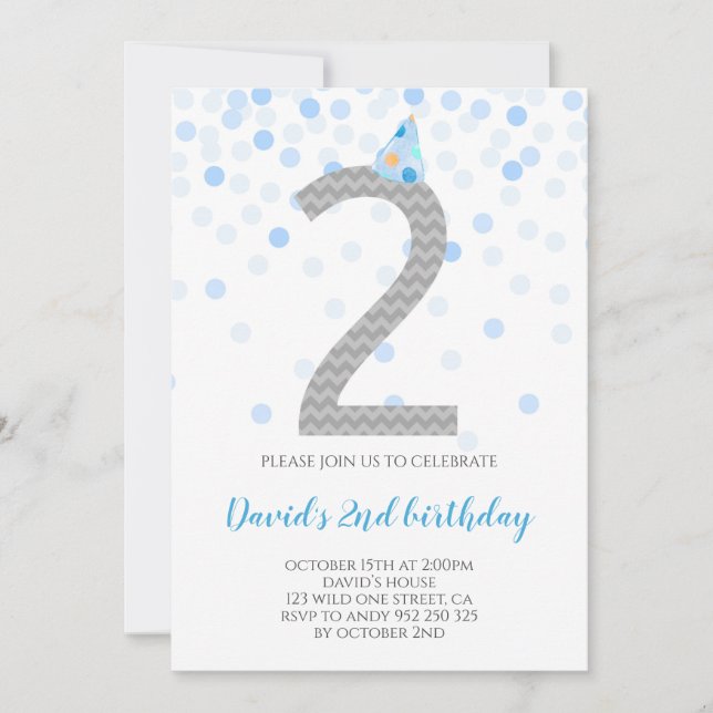 Blue Confetti Boy Party 2nd Birthday Invitation (Front)