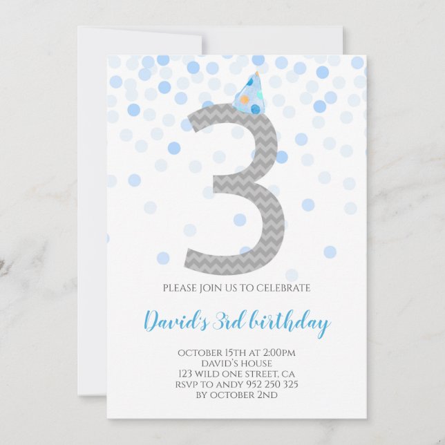 Blue Confetti Boy Party 3rd Birthday Invitation (Front)