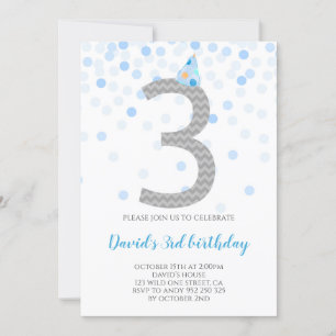 Blue Confetti Boy Party 3rd Birthday Invitation