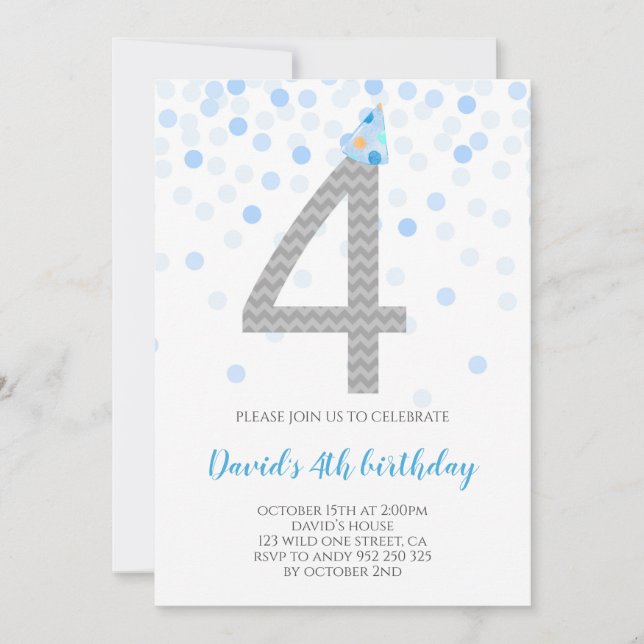 Blue Confetti Boy Party 4th Birthday Invitation (Front)