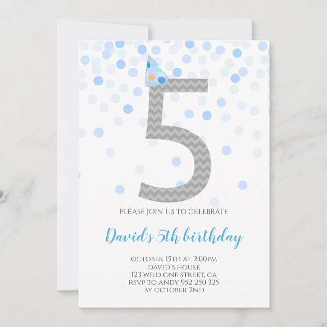 Blue Confetti Boy Party 5th Birthday Invitation (Front)