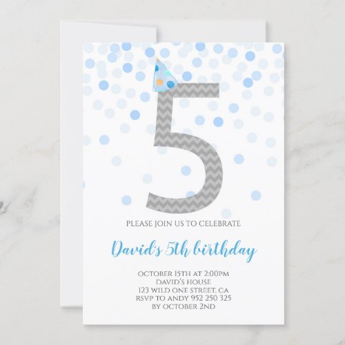 Blue Confetti Boy Party 5th Birthday Invitation