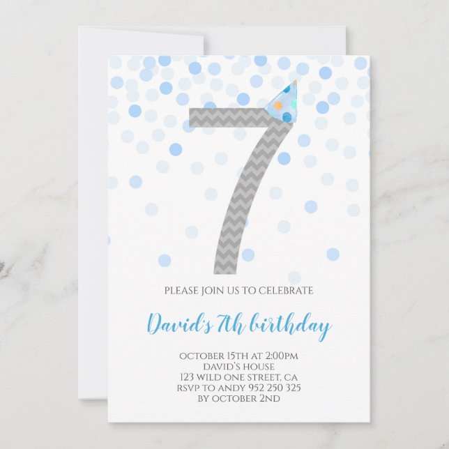 Blue Confetti Boy Party 7th Birthday Invitation (Front)