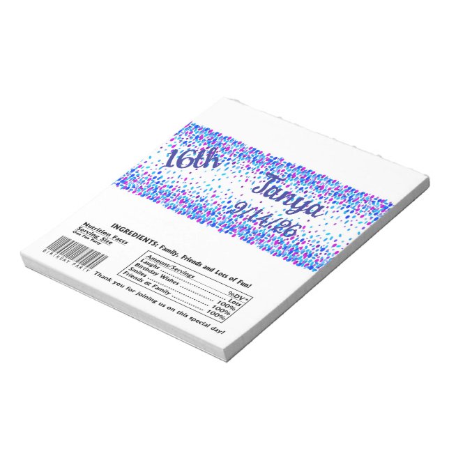 Blue Confetti Candy Bar Wrapper Party Favor Notepad (Rotated)