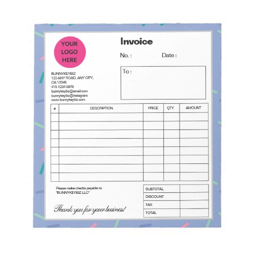 Blue Confetti Company Business Shop Invoice Notepad