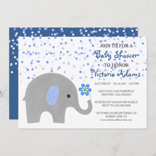 Blue Confetti Elephant Baby Boy Shower Invitation