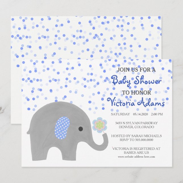 Blue Confetti Elephant Baby Shower Invitation (Front/Back)