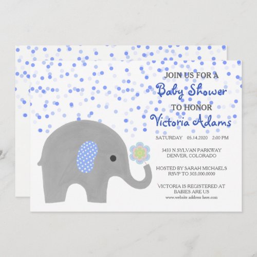 Blue Confetti Elephant Baby Shower Invitation