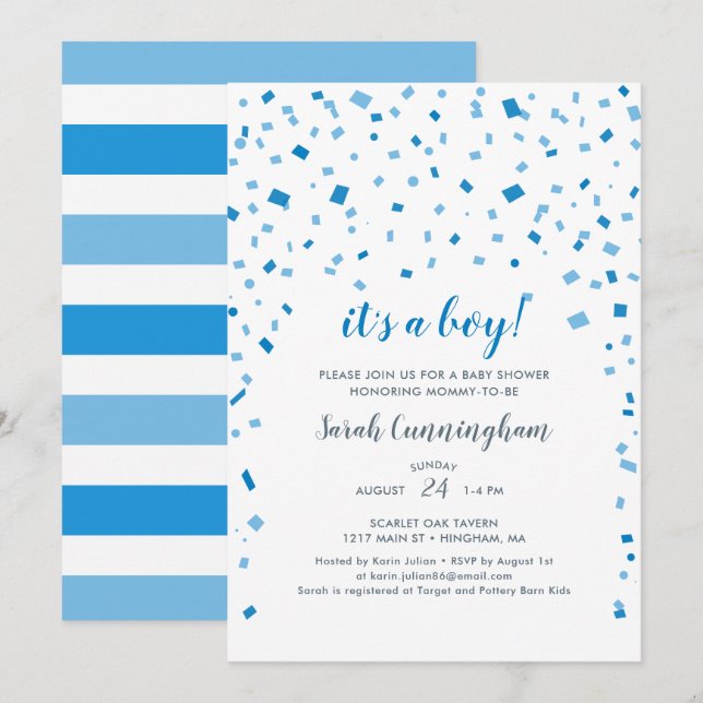 Blue Confetti It's a Boy Baby Shower Invitation (Front/Back)