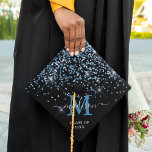 Blue Confetti Monogram Name Graduation Cap Topper<br><div class="desc">Elegant chic graduation cap topper featuring a trendy black background that can be changed to any color,  sparkly blue confetti,  the graduates initial,  name,  and class year.</div>