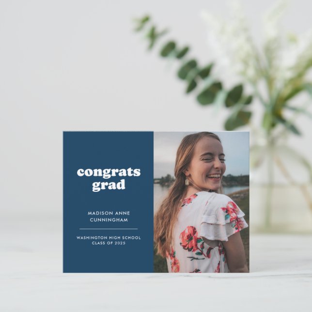 Blue Congrats Grad Photo Graduation Invitation Postcard (Standing Front)