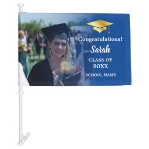 Blue Congrats Graduation with a Custom Photo Car Flag