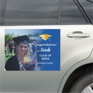 Blue Congrats Graduation with a Custom Photo Car Magnet