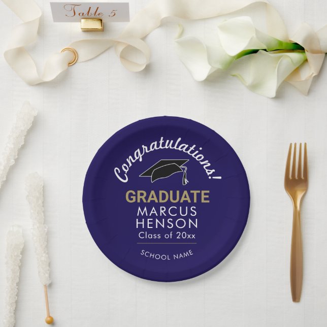 Blue Congratulations Graduate Graduation Cap Paper Plates (Wedding)