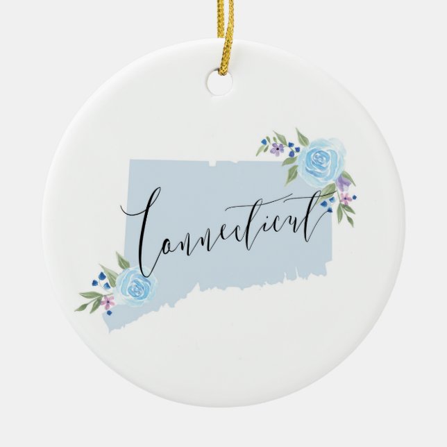 Blue Connecticut Floral State Map Art Ceramic Ornament (Front)