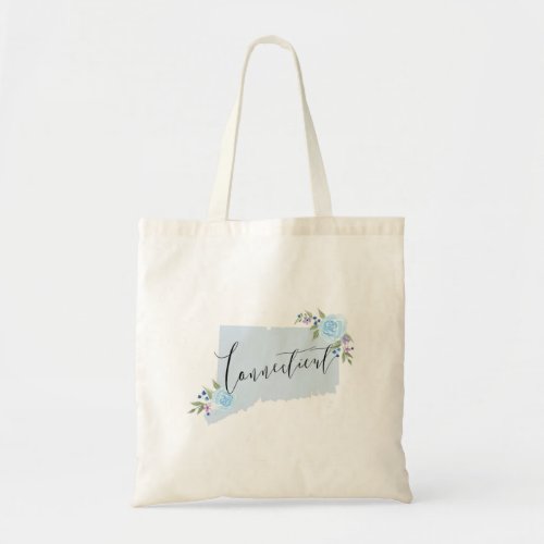 Blue Connecticut Floral State Map Tote Bag