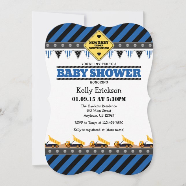 Blue Construction Baby Shower Invitation (Front)