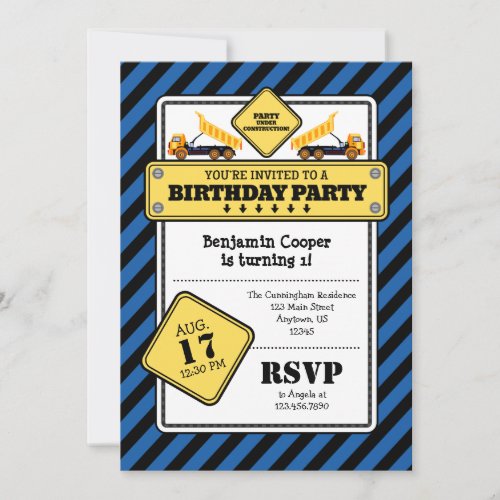 Blue Construction Birthday Invitation