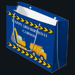 Blue Construction Truck Boys Custom Kids Birthday Large Gift Bag<br><div class="desc">Cool custom construction birthday party blue gift bag for a kid who loves yellow construction vehicles in black and yellow. Fun vehicle party decoration for a little boy who will love cars and trucks. Customize with your kid's name under the black and yellow caution tape.</div>