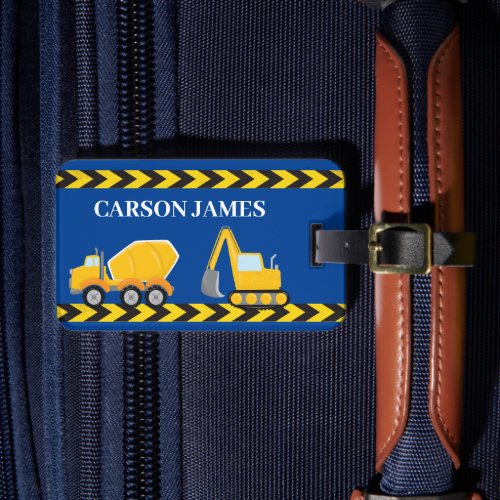 Blue Construction Truck Boys Personalized Kids Luggage Tag