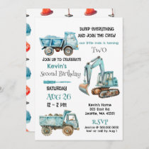 Blue Construction Trucks Boy Birthday Party Invitation