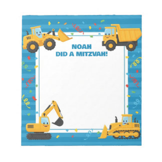 Blue Construction Trucks Personalized Mitzvah Notepad