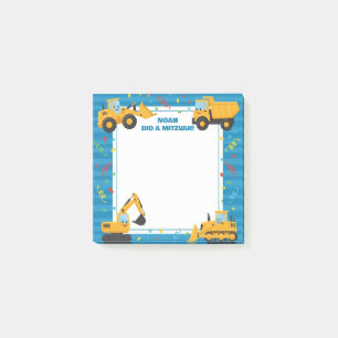 Blue Construction Trucks Personalized Mitzvah Post-it Notes