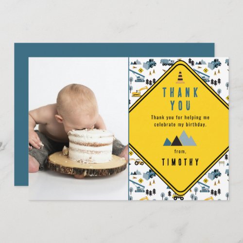 Blue Construction Trucks Site Photo Birthday Party Thank You Card