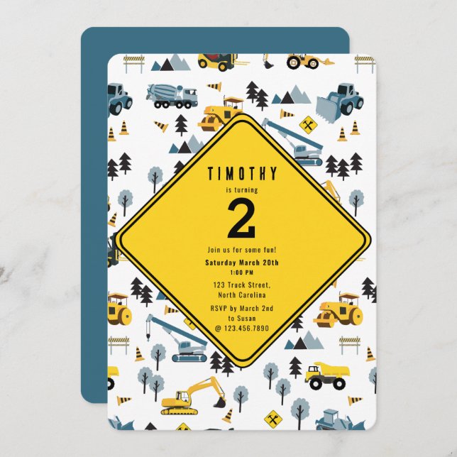 Blue Construction Trucks Site Theme Birthday Party Invitation (Front/Back)