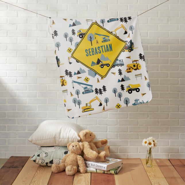 Blue Construction Trucks & Site Theme Pattern Baby Blanket (In Situ)