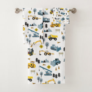 Blue Construction Trucks & Site Theme Pattern Bath Towel Set