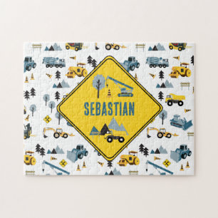 Blue Construction Trucks & Site Theme Pattern Jigsaw Puzzle