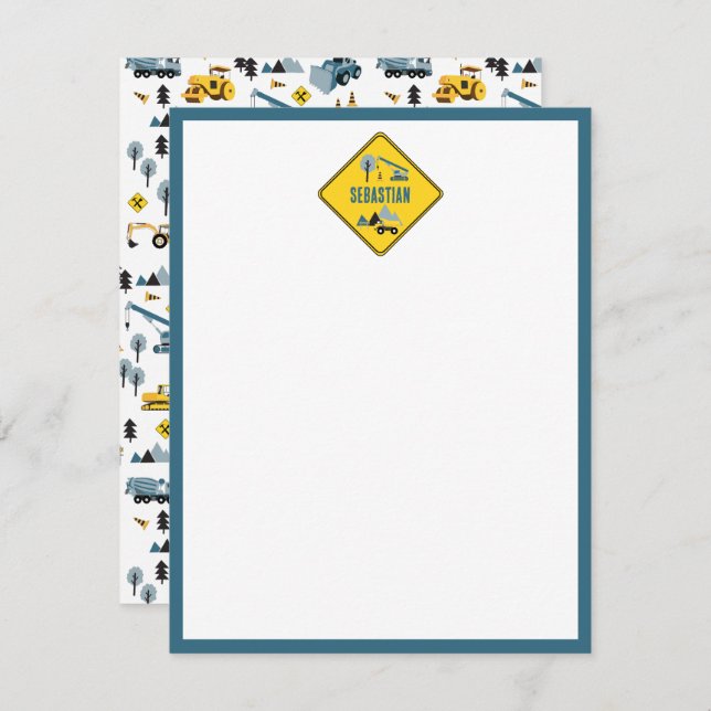 Blue Construction Trucks & Site Theme Pattern Kids Note Card (Front/Back)