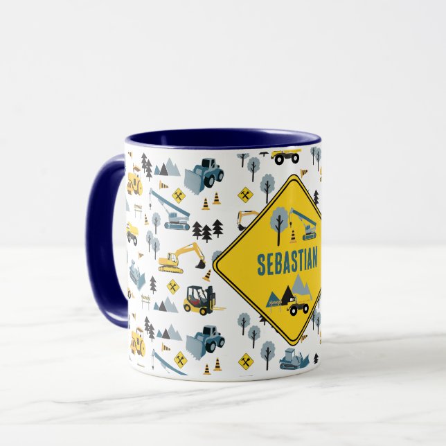 Blue Construction Trucks & Site Theme Pattern Mug (Front Left)